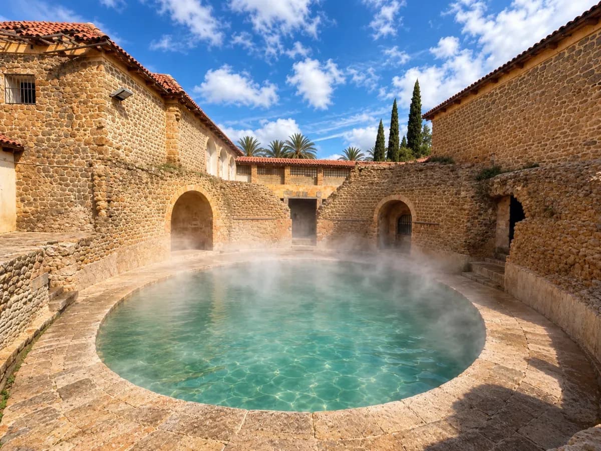 Bassin thermal du Hammam Salihine en Algérie, entouré de murs en pierre et de bâtiments traditionnels, avec une eau turquoise fumante