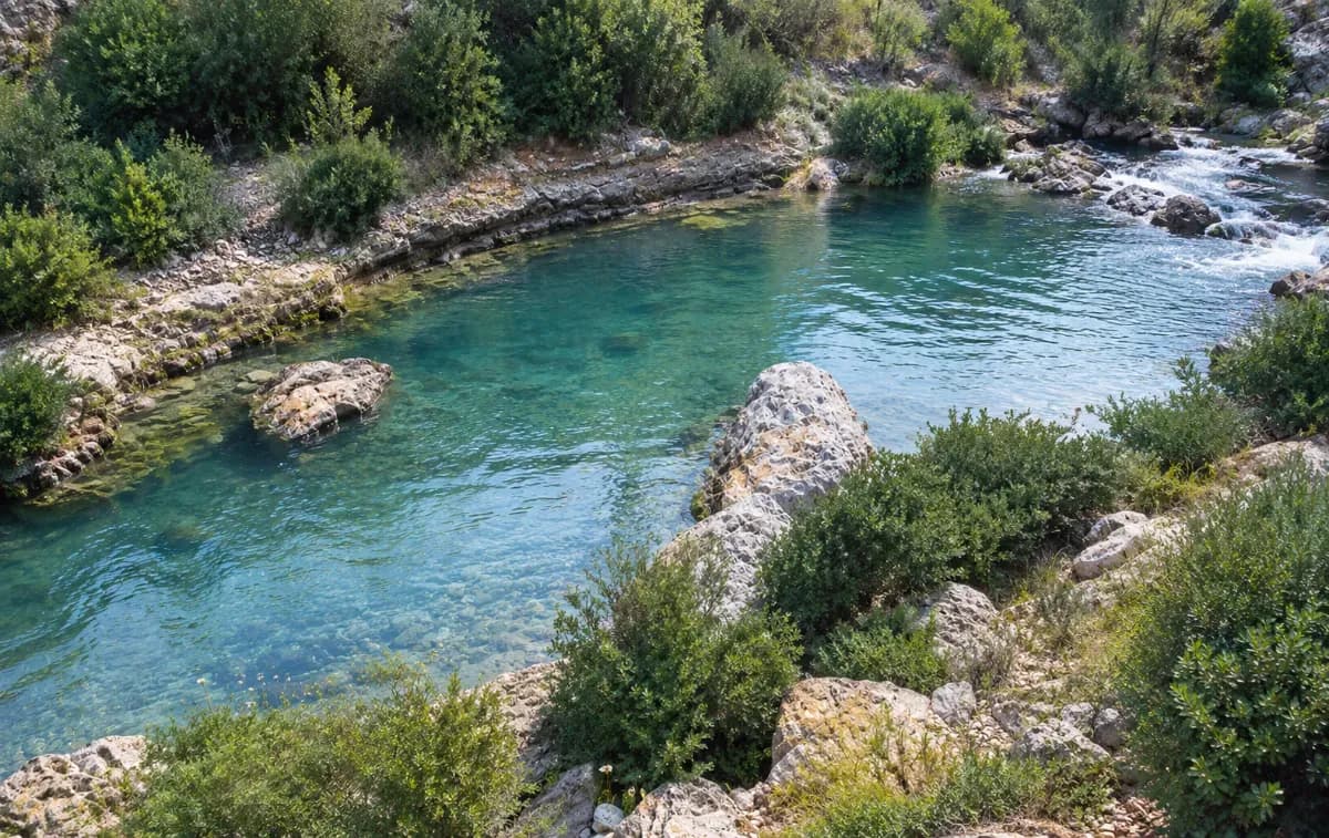 traduit le texte suivant en arabe : Bassin naturel aux eaux turquoise du Hammam Guergour, à Sétif, entouré de rochers et d'une végétation verdoyante.