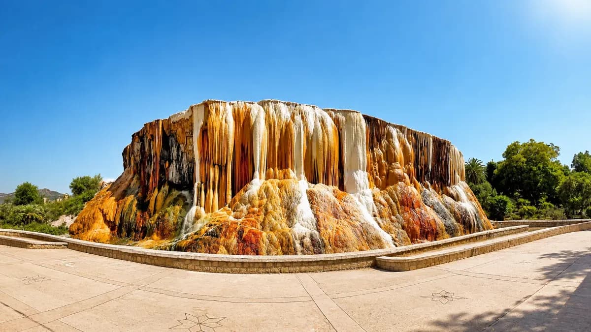Vue panoramique de Hammam Debagh, à Guelma, en Algérie, mettant en valeur ses impressionnantes formations minérales aux teintes blanches, ocres et orangées