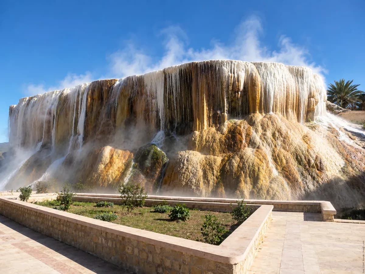 Cascade thermale du Hammam Debagh à Guelma, en Algérie, avec des formations rocheuses dorées, de la vapeur et un ciel bleu dégagé.