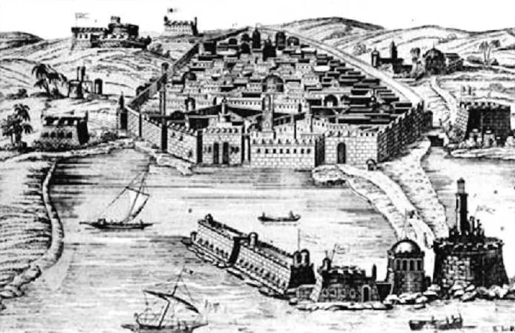 Gravure ancienne représentant la ville d’Alger, vue depuis la baie. Au centre, la médina s’étend en amphithéâtre sur la colline