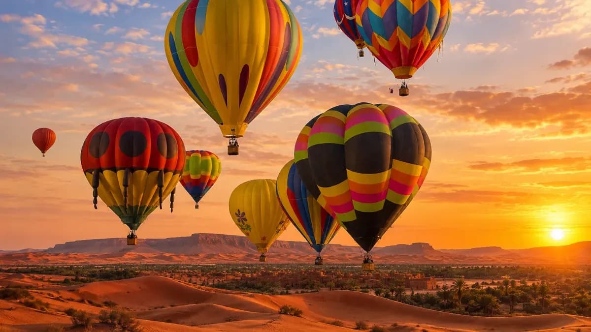مناطيد ملونة تحلّق فوق كثبان الصحراء الذهبية عند غروب الشمس، وسط مشهد طبيعي خلاب يستحضر جمال تيميمون في الجزائر.